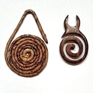 As Low As $2 Two Handmade Natural Pendants Wood and Grass Fibre (2)